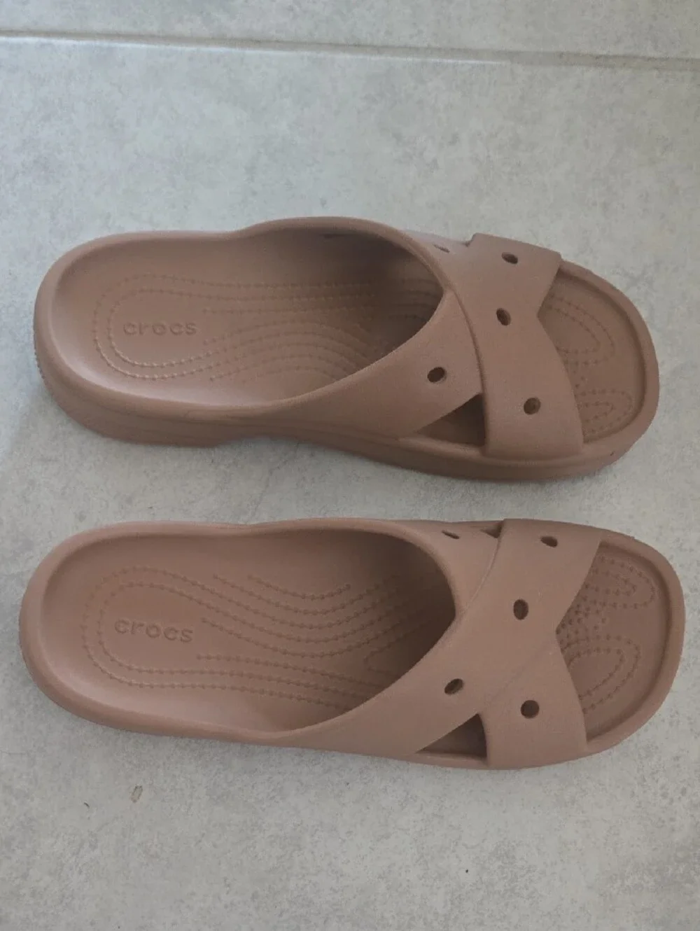 CROCS Tan Crosstrap Slide Sandals